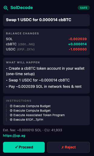 SolDecode preview of a Jupiter swap showing the plain-English summary, balance changes, and proceed/reject buttons
